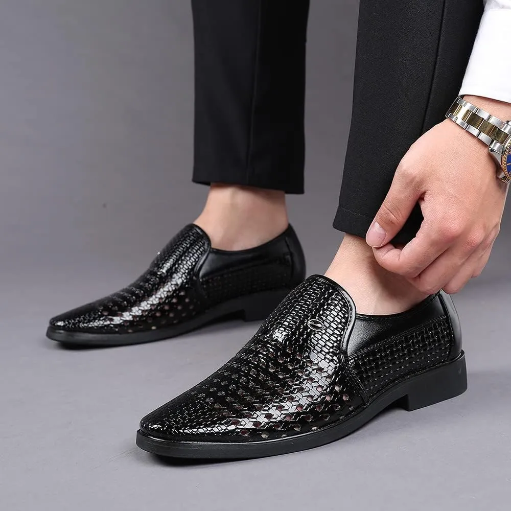 Santimon Men's Woven Casual Slip On Loafers Leather Dress Pointed Toe Derby Walking Breathable Comfort Shoes