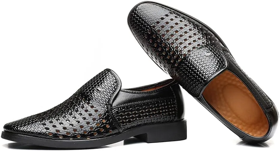 Santimon Men's Woven Casual Slip On Loafers Leather Dress Pointed Toe Derby Walking Breathable Comfort Shoes