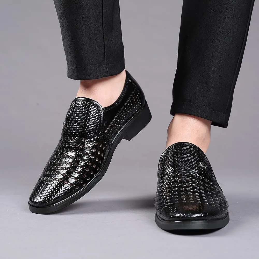 Santimon Men's Woven Casual Slip On Loafers Leather Dress Pointed Toe Derby Walking Breathable Comfort Shoes