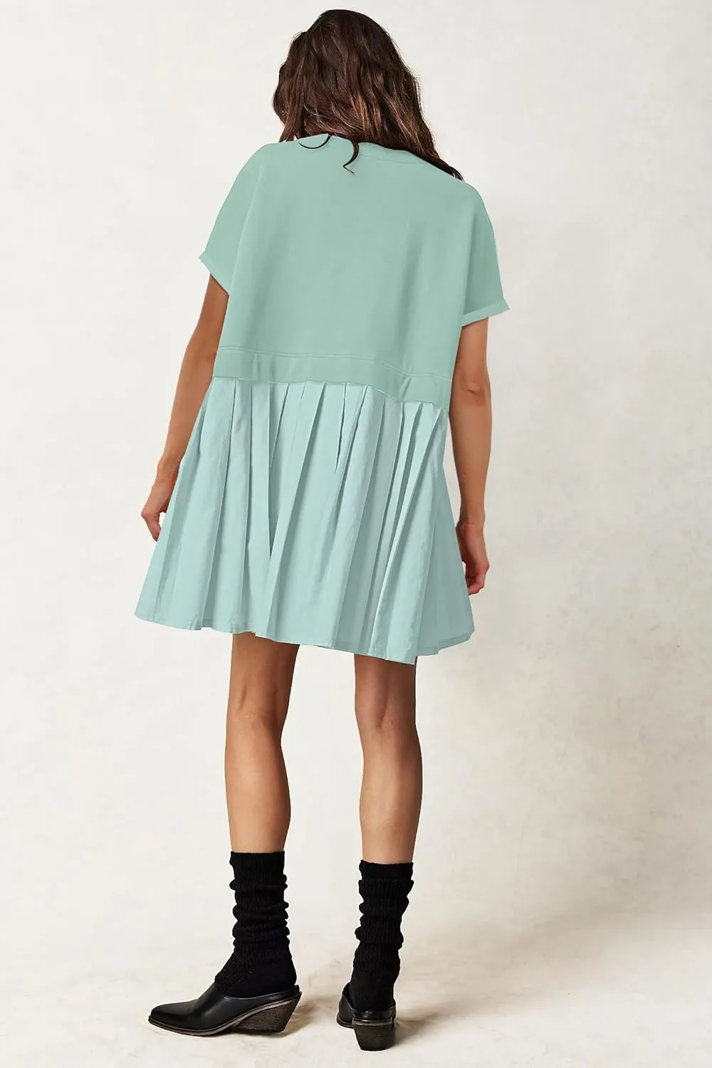 SAUKOLE Womens Summer Crew Neck Short Sleeve Dress Patchwork Pleated A Line Beach Boho Mini Dress