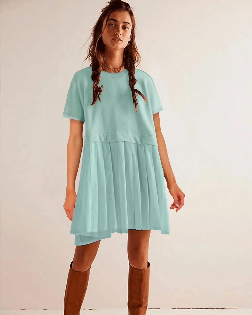 SAUKOLE Womens Summer Crew Neck Short Sleeve Dress Patchwork Pleated A Line Beach Boho Mini Dress