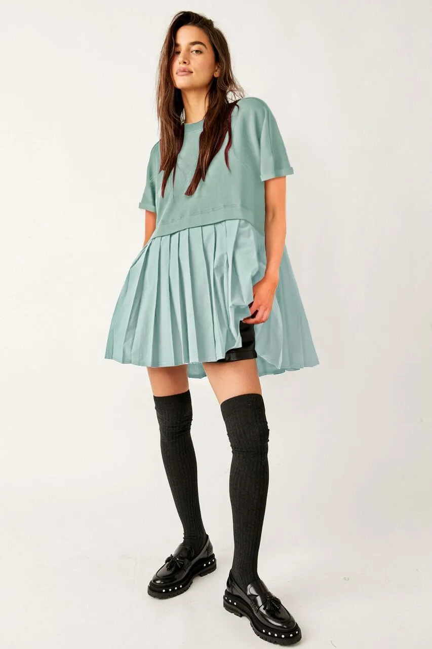 SAUKOLE Womens Summer Crew Neck Short Sleeve Dress Patchwork Pleated A Line Beach Boho Mini Dress
