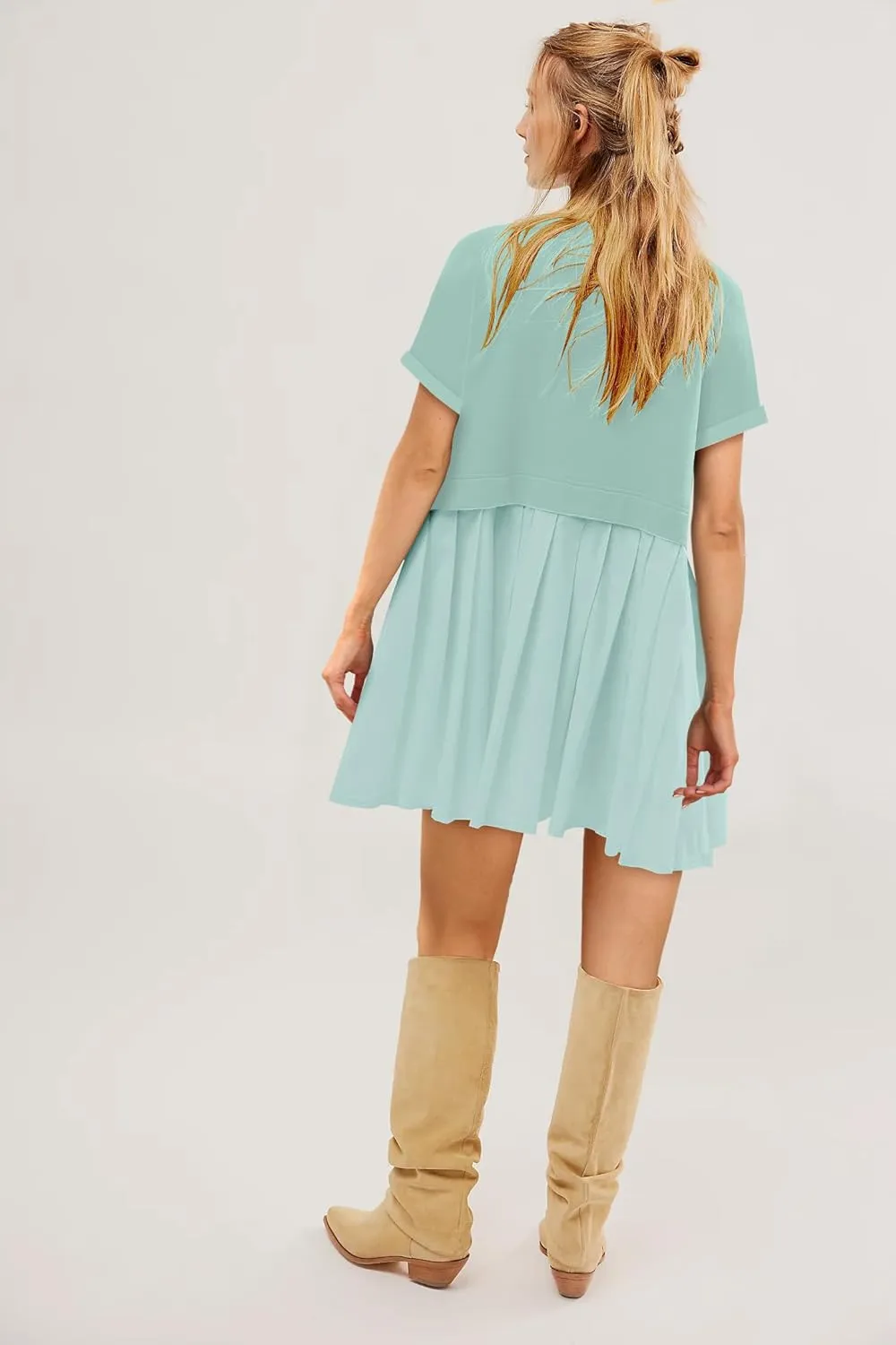 SAUKOLE Womens Summer Crew Neck Short Sleeve Dress Patchwork Pleated A Line Beach Boho Mini Dress