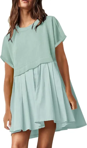 SAUKOLE Womens Summer Crew Neck Short Sleeve Dress Patchwork Pleated A Line Beach Boho Mini Dress