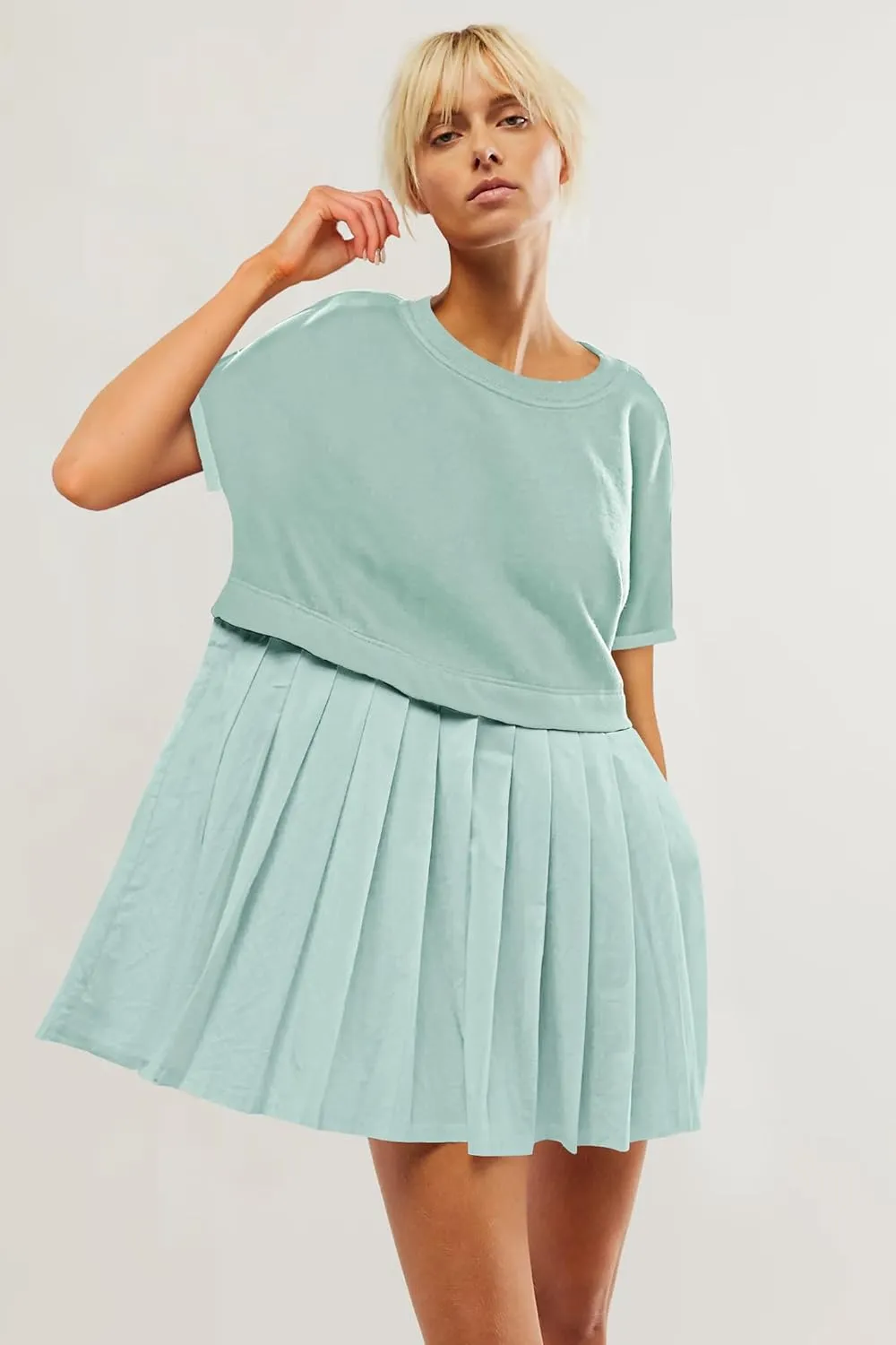 SAUKOLE Womens Summer Crew Neck Short Sleeve Dress Patchwork Pleated A Line Beach Boho Mini Dress