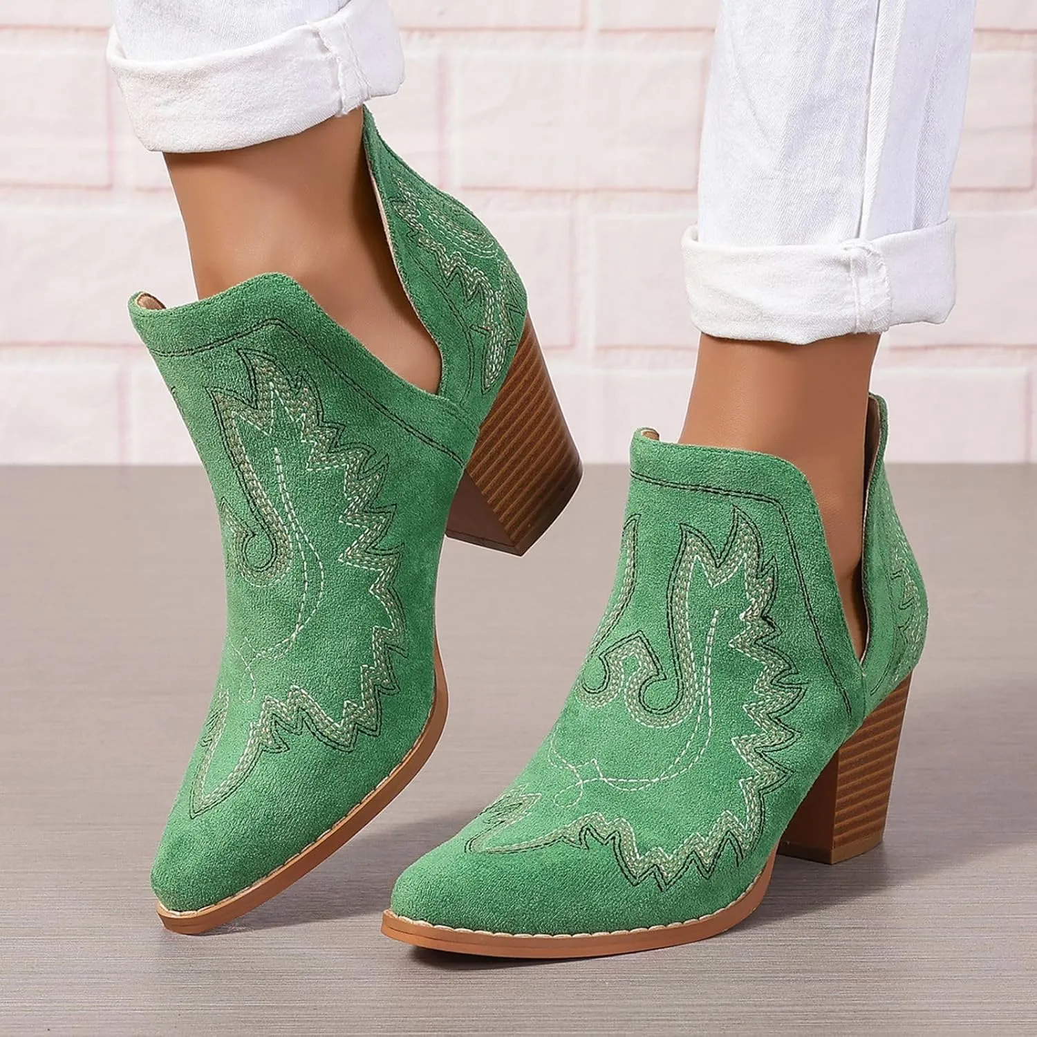 SelRoys Cowboy Boots for Women Cowgirl Ankle Western Embroidered Stitched Pointed Toe Cutout Chunky Heels Short Booties Red Brown Black US5-11