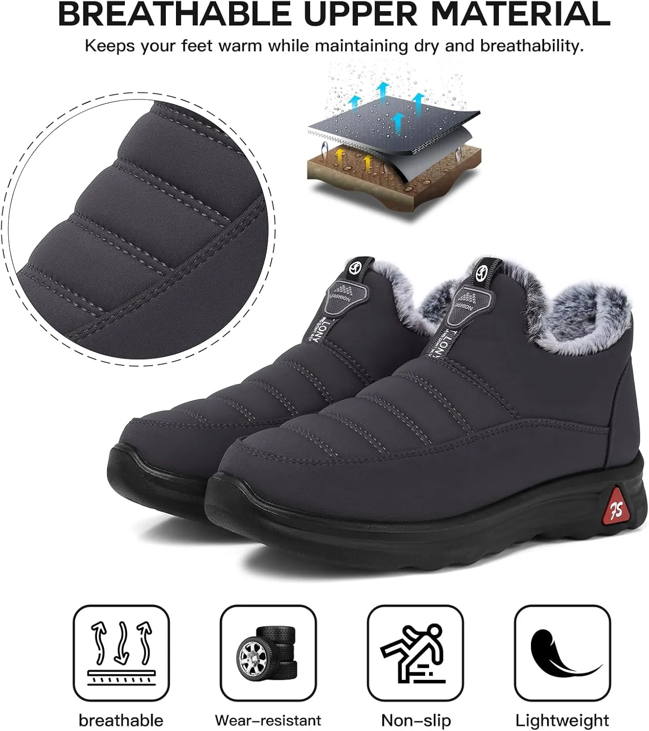 SHIBEVER Winter Boots for Women: Black Warm Fur Lined Slip on Ankle Snow Boots Comfortable Waterproof Outdoor Shoes Size