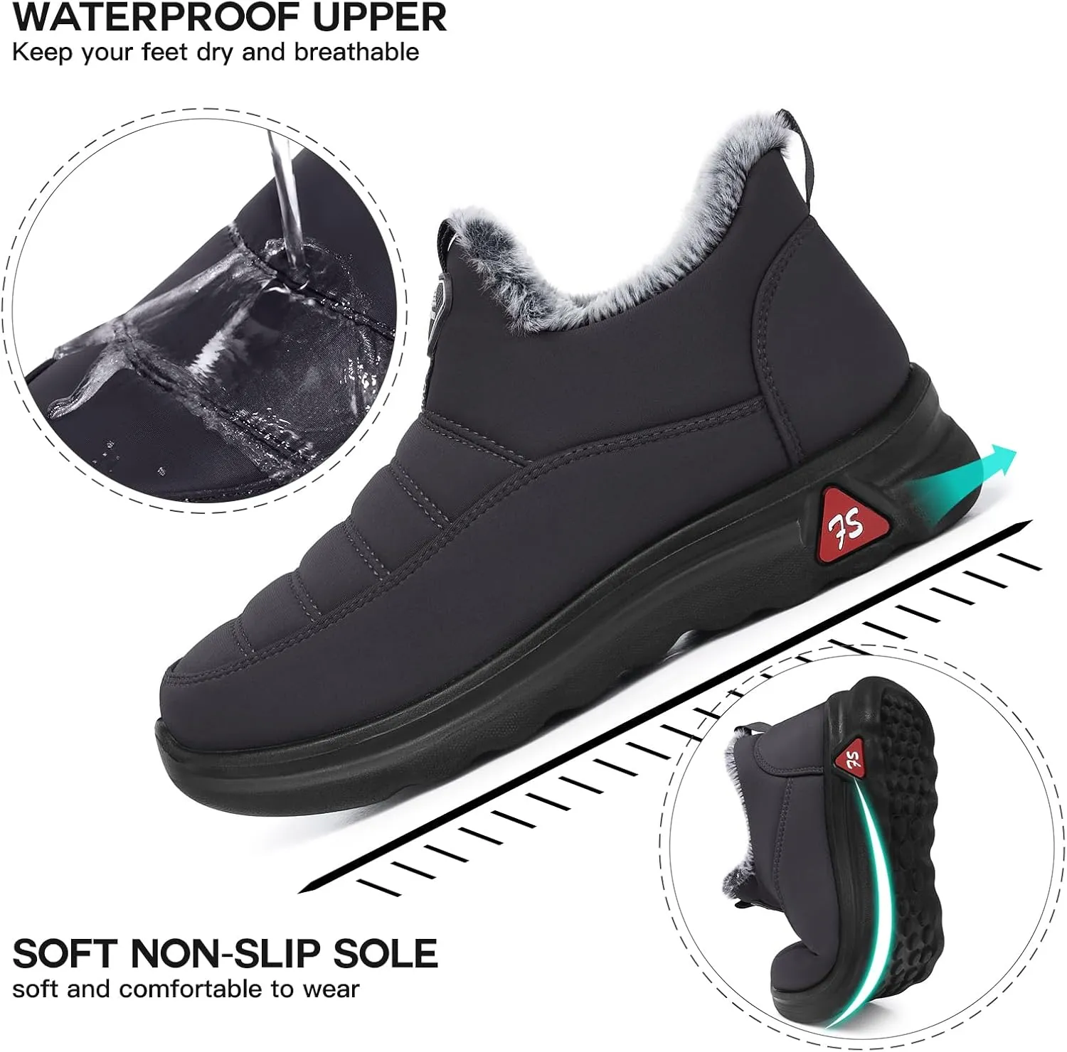 SHIBEVER Winter Boots for Women: Black Warm Fur Lined Slip on Ankle Snow Boots Comfortable Waterproof Outdoor Shoes Size