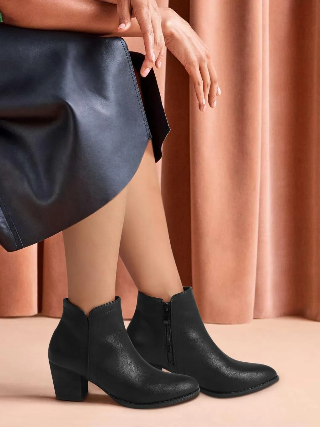 SHIBEVER Women's Ankle Boots Heel: Chunky Low Heeled Almond Toe Short Booties with Zipper Faux Suede Dress Western Fall 2025 Shoes