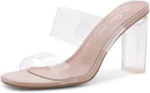 Shoe Land Brienna Women's Clear Heels Chunky Block Heeled Slides Open Toe Two Band Slip-On Mules – Dressy Heeled Sandals for Prom, Wedding, and Party