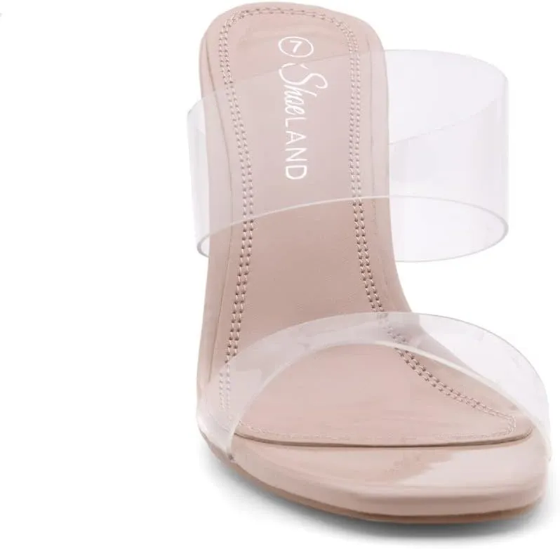 Shoe Land Brienna Women's Clear Heels Chunky Block Heeled Slides Open Toe Two Band Slip-On Mules – Dressy Heeled Sandals for Prom, Wedding, and Party