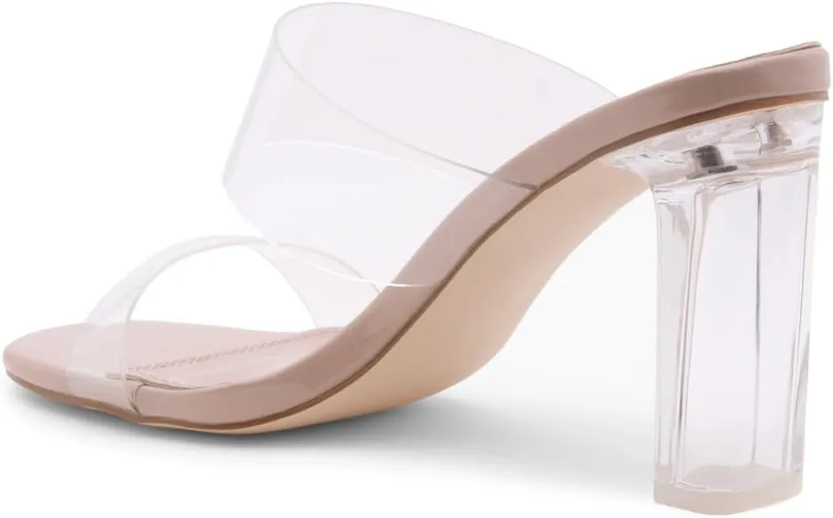 Shoe Land Brienna Women's Clear Heels Chunky Block Heeled Slides Open Toe Two Band Slip-On Mules – Dressy Heeled Sandals for Prom, Wedding, and Party