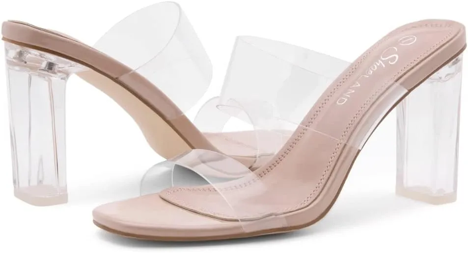 Shoe Land Brienna Women's Clear Heels Chunky Block Heeled Slides Open Toe Two Band Slip-On Mules – Dressy Heeled Sandals for Prom, Wedding, and Party
