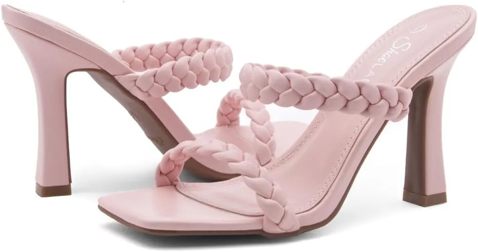 Shoe Land SL-Miley Women's Square Open Toe Heeled Mules Double Braided Strap Slide Sandals