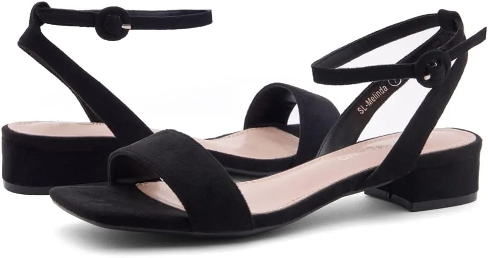 Shoe Land Women's Low Heels Dressy Sandals for 2025-1 Inch Chunky Block Short Heels | Square Open Toe with Adjustable Ankle Strap | Wedding & Party Heeled Sandals