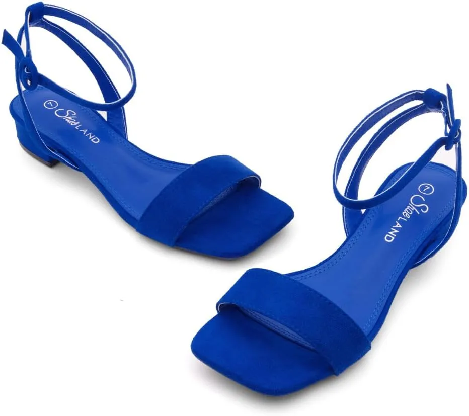 Shoe Land Women's Low Heels Dressy Sandals for 2025-1 Inch Chunky Block Short Heels | Square Open Toe with Adjustable Ankle Strap | Wedding & Party Heeled Sandals