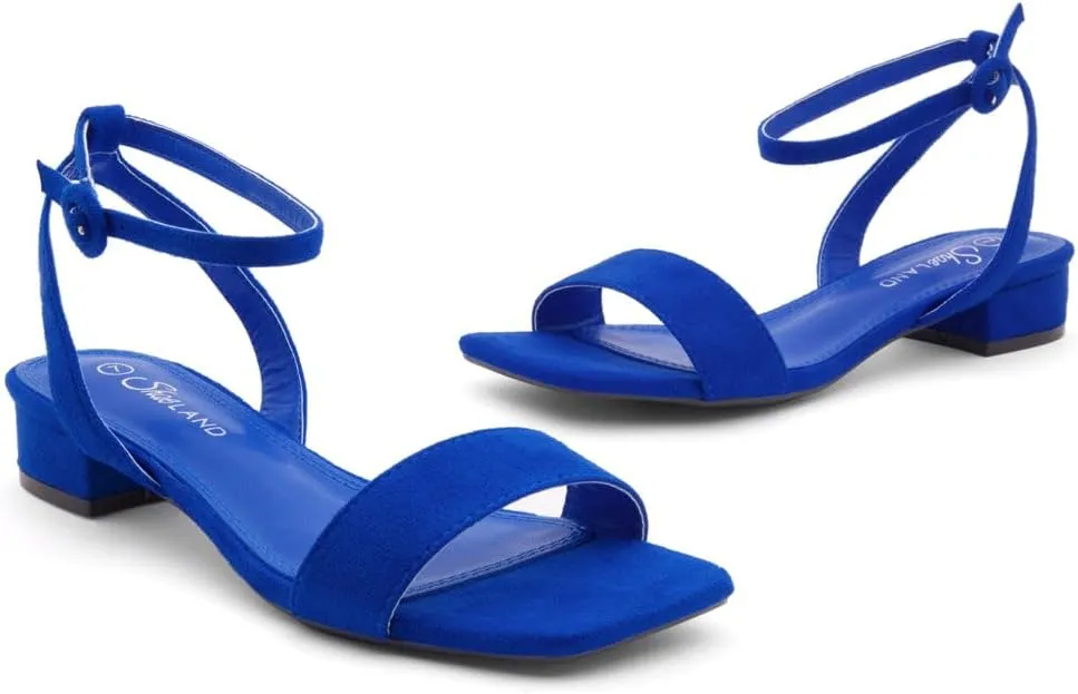 Shoe Land Women's Low Heels Dressy Sandals for 2025-1 Inch Chunky Block Short Heels | Square Open Toe with Adjustable Ankle Strap | Wedding & Party Heeled Sandals