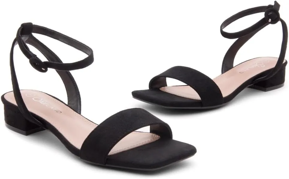 Shoe Land Women's Low Heels Dressy Sandals for 2025-1 Inch Chunky Block Short Heels | Square Open Toe with Adjustable Ankle Strap | Wedding & Party Heeled Sandals