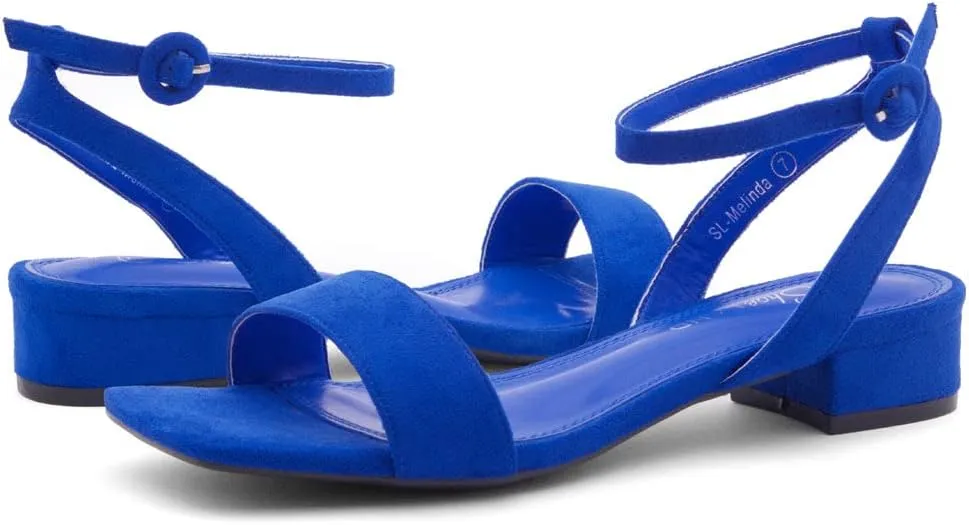 Shoe Land Women's Low Heels Dressy Sandals for 2025-1 Inch Chunky Block Short Heels | Square Open Toe with Adjustable Ankle Strap | Wedding & Party Heeled Sandals