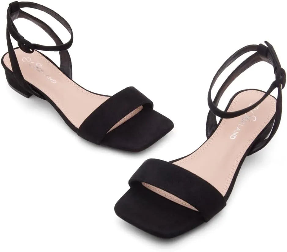 Shoe Land Women's Low Heels Dressy Sandals for 2025-1 Inch Chunky Block Short Heels | Square Open Toe with Adjustable Ankle Strap | Wedding & Party Heeled Sandals