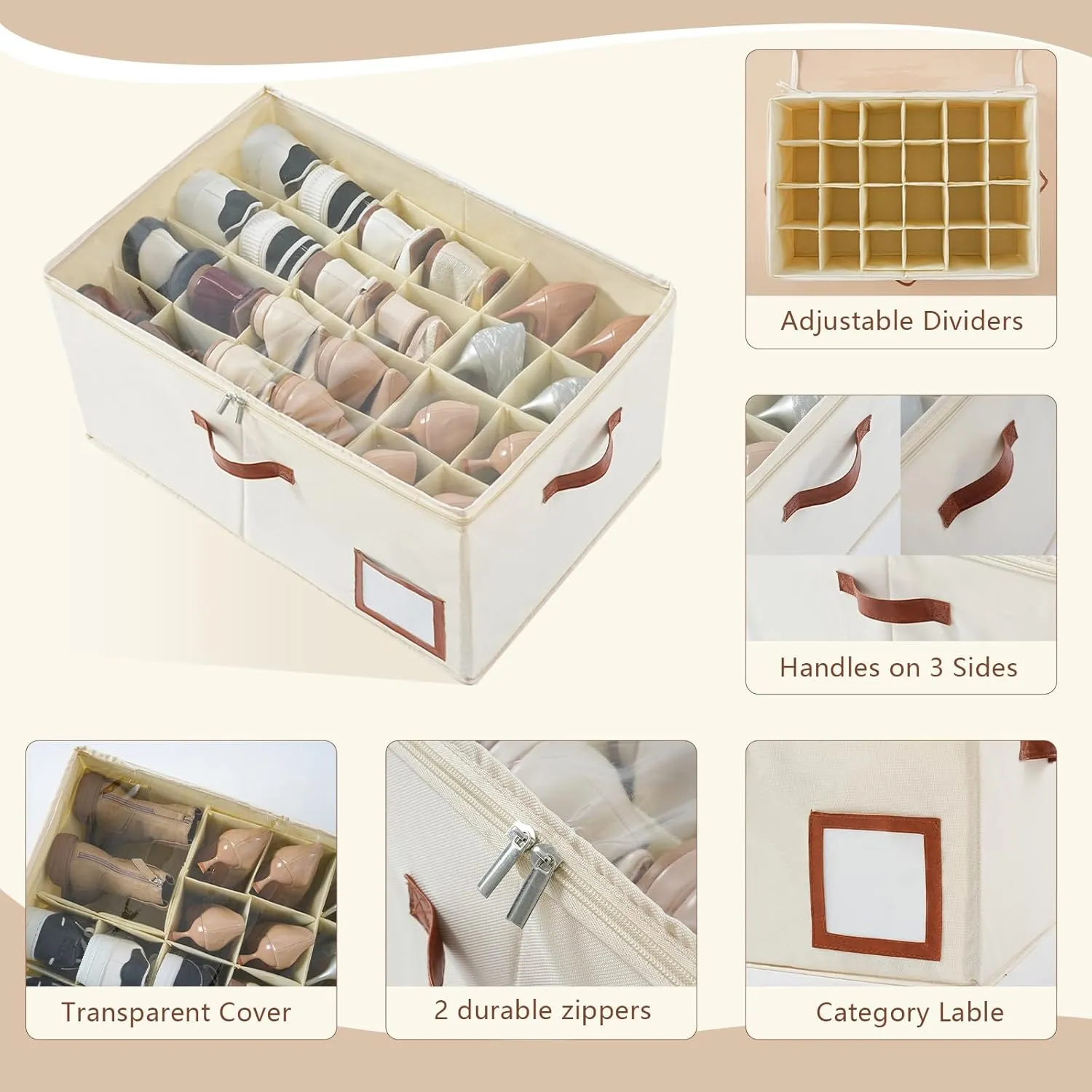 Shoe Organizer for Closet Fit 24 Pairs, Large Foldable Shoe Storage Containers Box Bin w/Adjustable Dividers and Clear Cover, Space Saving Shoe Storage Organizer Box, Beige