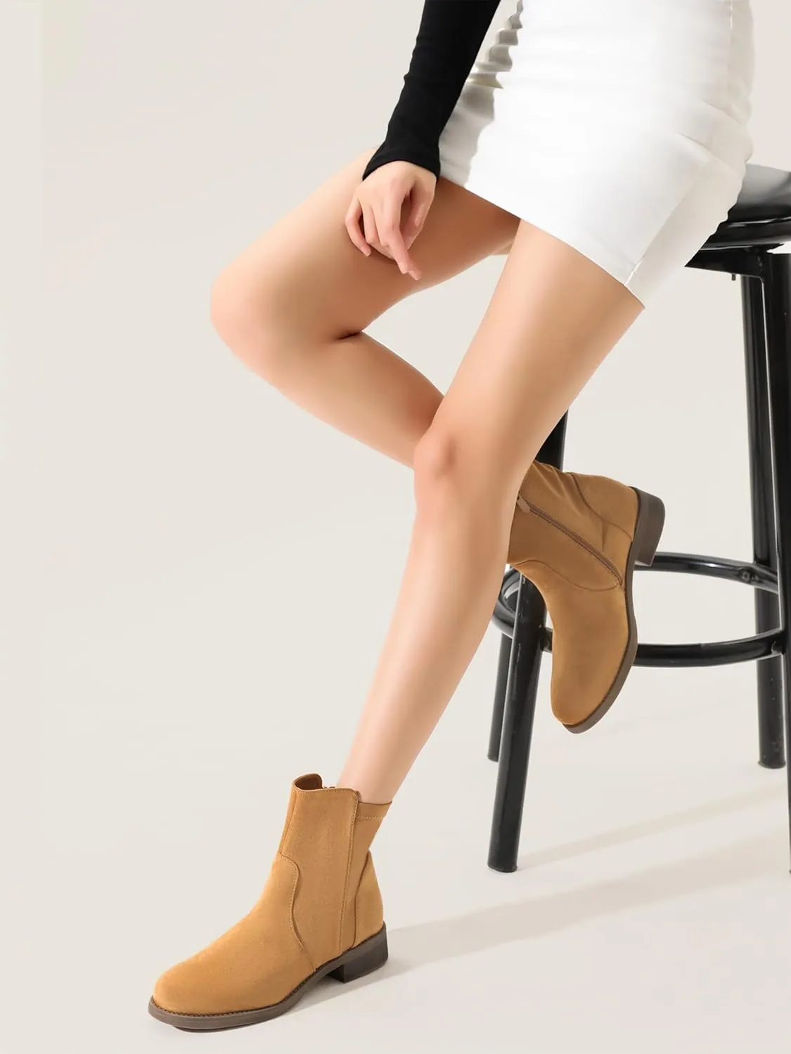Shoe'N Tale Ankle Boots for Women Low Chunky Round Toe Short Boots Block Heel Booties Side Zipper