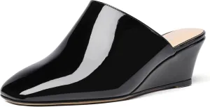 SHOWFOREST Women's Square Toe Evening Dress Slide Casual Patent Wedge Low Heel Mules Shoes 2 Inch