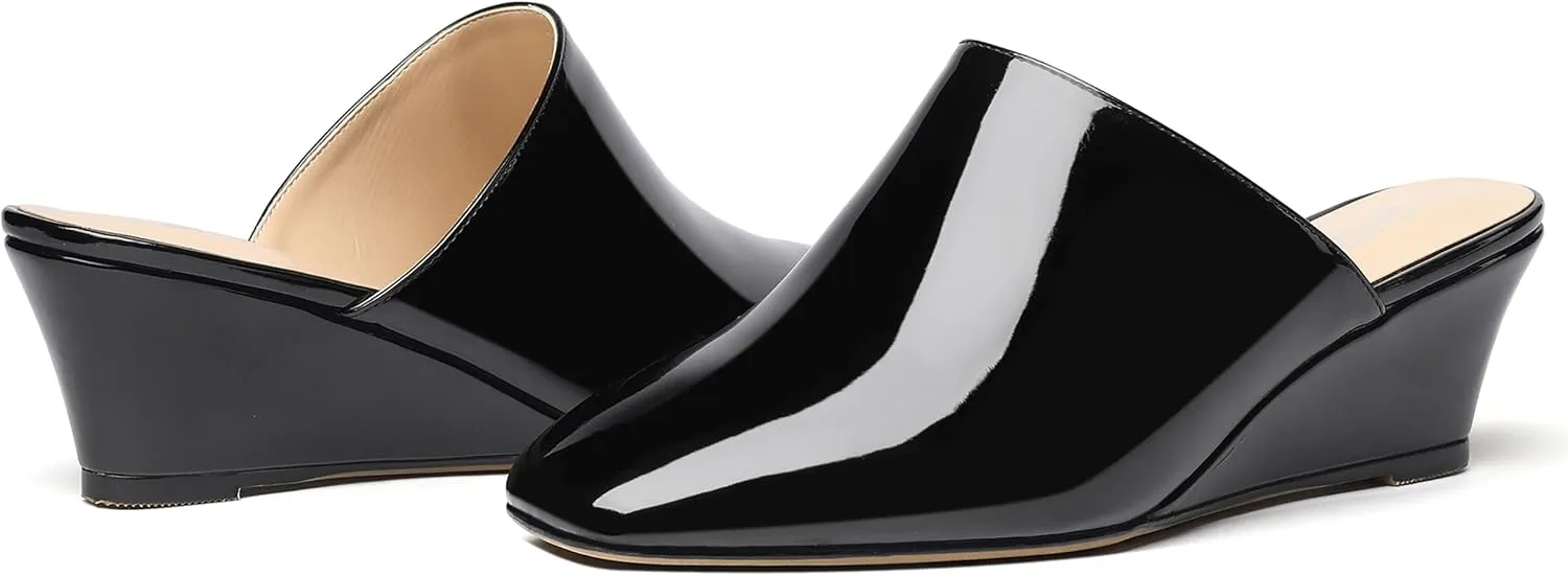 SHOWFOREST Women's Square Toe Evening Dress Slide Casual Patent Wedge Low Heel Mules Shoes 2 Inch