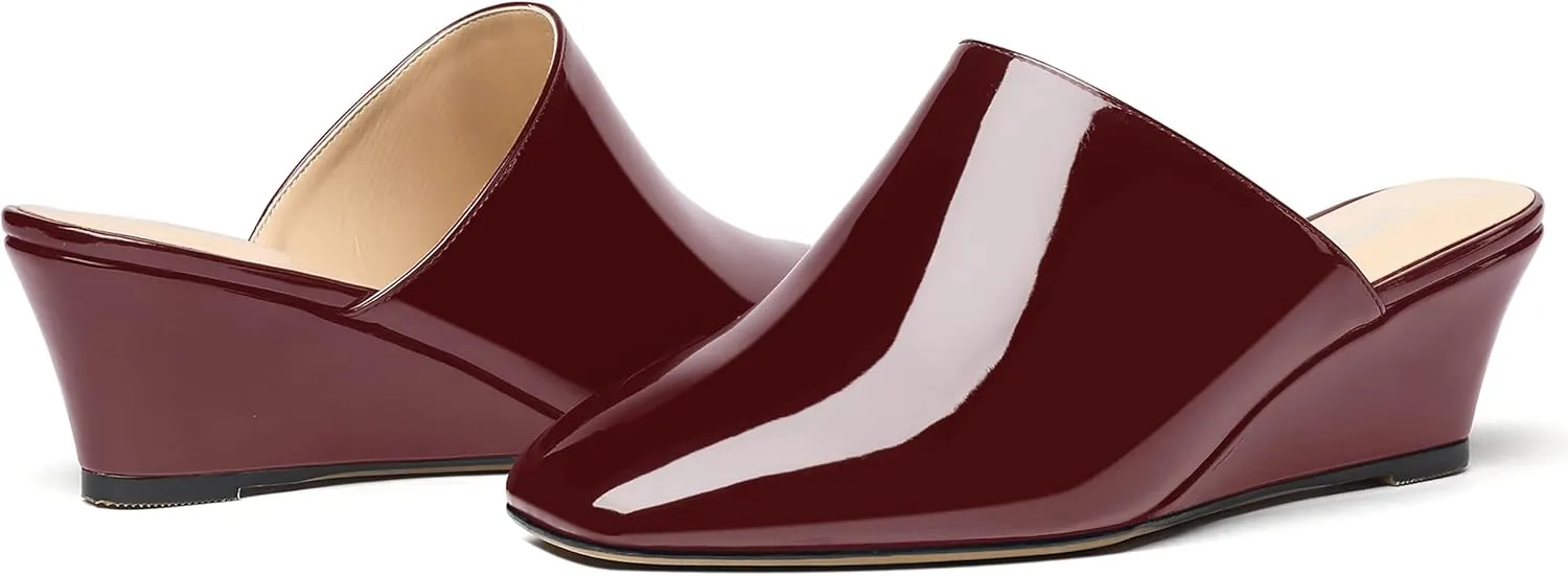 SHOWFOREST Women's Square Toe Evening Dress Slide Casual Patent Wedge Low Heel Mules Shoes 2 Inch
