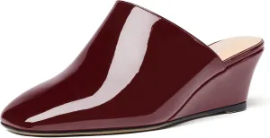 SHOWFOREST Women's Square Toe Evening Dress Slide Casual Patent Wedge Low Heel Mules Shoes 2 Inch