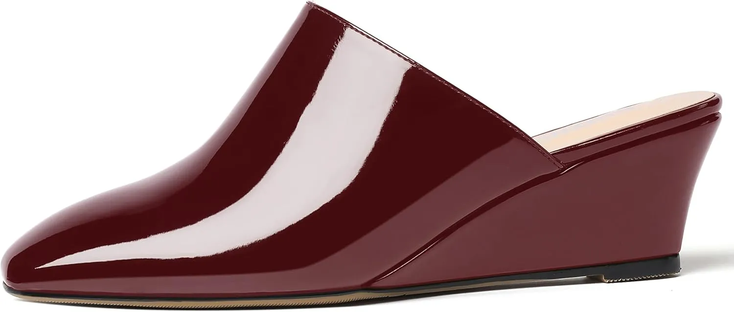 SHOWFOREST Women's Square Toe Evening Dress Slide Casual Patent Wedge Low Heel Mules Shoes 2 Inch