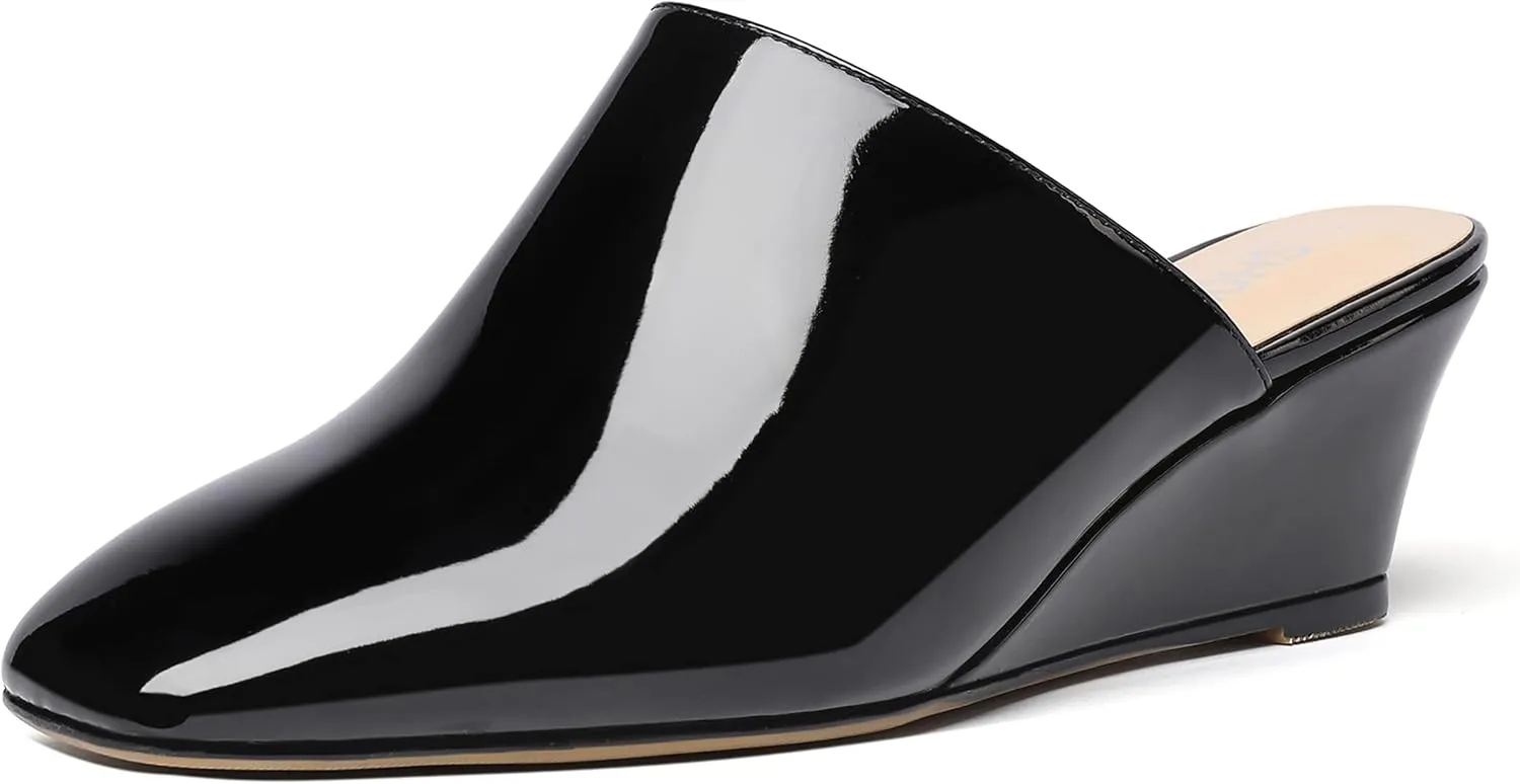SHOWFOREST Women's Square Toe Evening Dress Slide Casual Patent Wedge Low Heel Mules Shoes 2 Inch