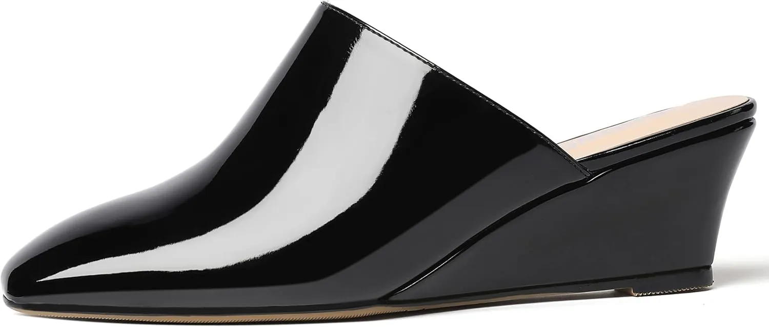 SHOWFOREST Women's Square Toe Evening Dress Slide Casual Patent Wedge Low Heel Mules Shoes 2 Inch
