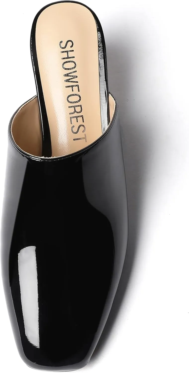 SHOWFOREST Women's Square Toe Evening Dress Slide Casual Patent Wedge Low Heel Mules Shoes 2 Inch