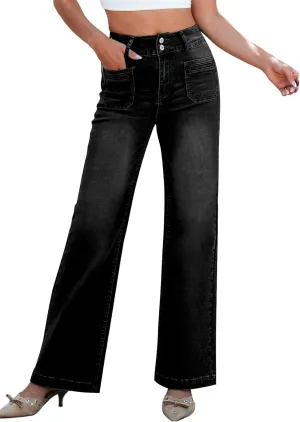 Sidefeel Women's Wide Leg Jeans High Waisted Tummy Control Stretchy Pockets Front Zimbaplatinum Jeans