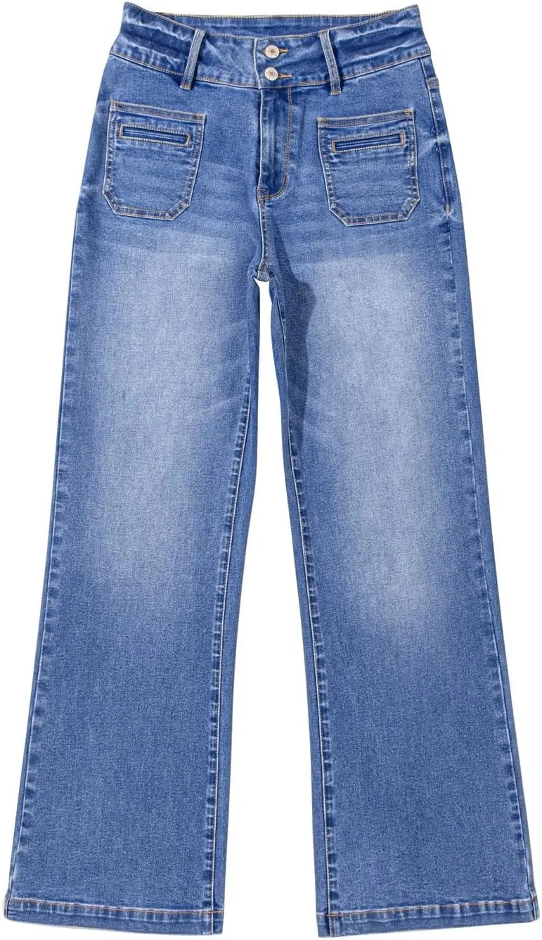 Sidefeel Women's Wide Leg Jeans High Waisted Tummy Control Stretchy Pockets Front Zimbaplatinum Jeans