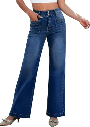 Sidefeel Women's Wide Leg Jeans High Waisted Tummy Control Stretchy Pockets Front Zimbaplatinum Jeans
