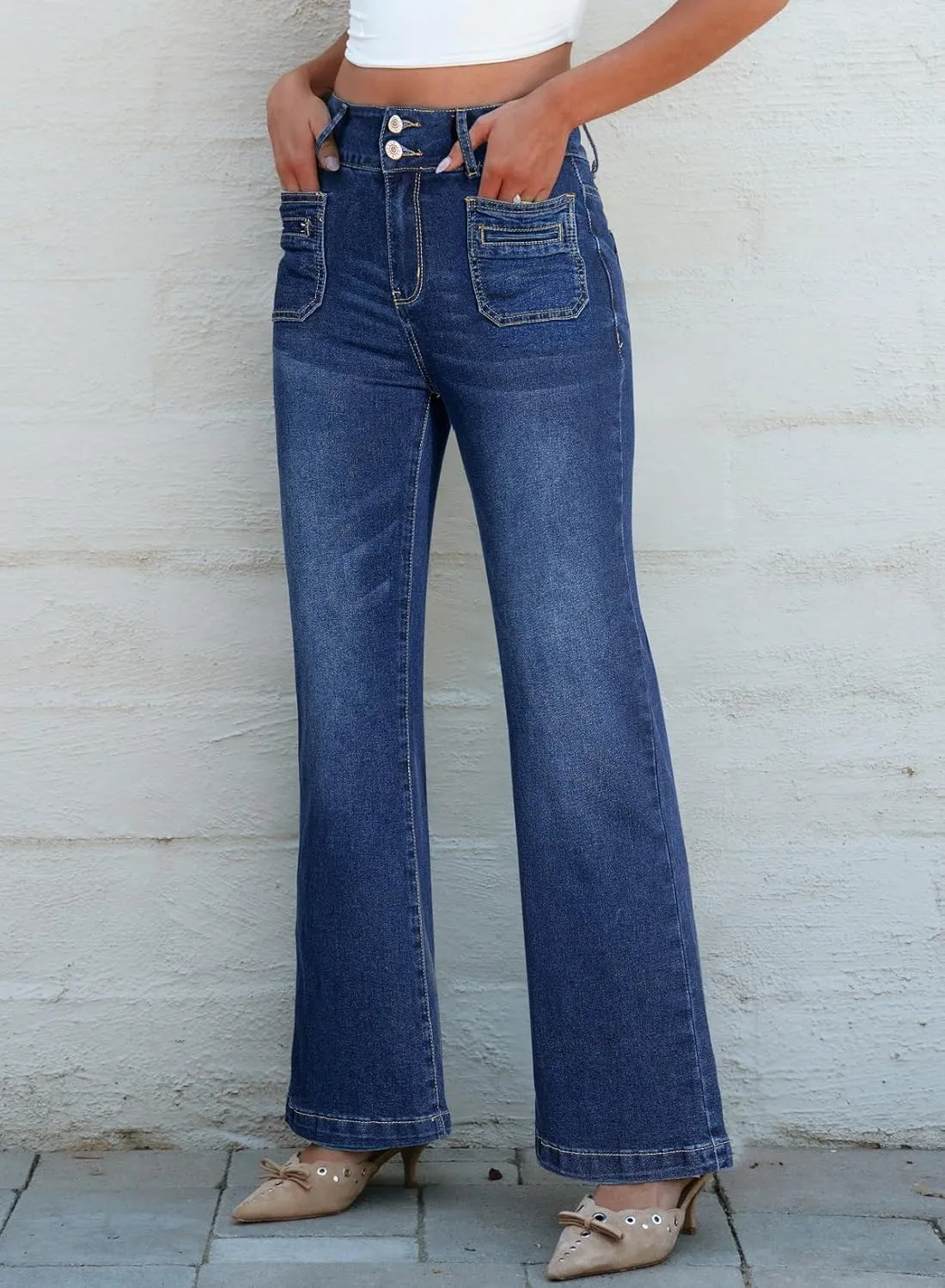 Sidefeel Women's Wide Leg Jeans High Waisted Tummy Control Stretchy Pockets Front Zimbaplatinum Jeans