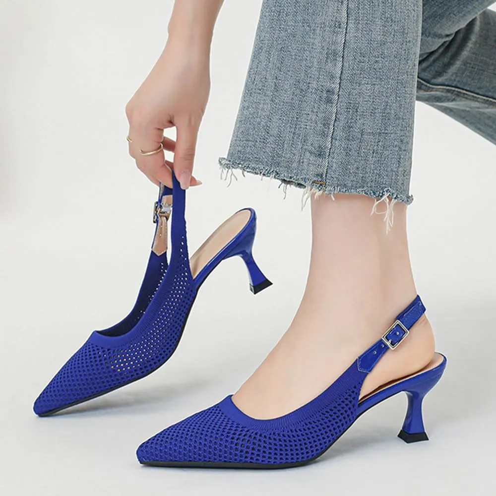 Slingback for Women's Closed Pointed Toe Kitten Heels with Ankle Strap Knitted Dress Pumps Shoes Work Wedding Everyday Parties 1.6 in Low Heels