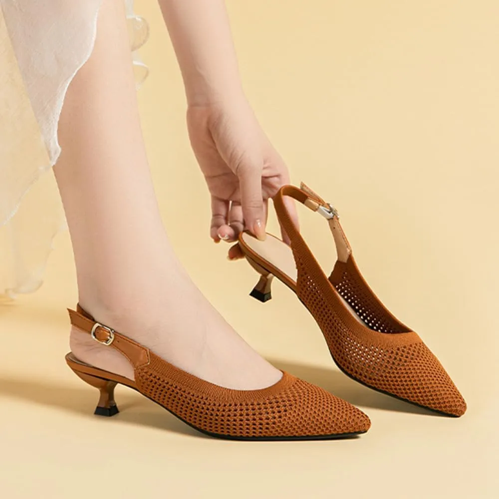 Slingback for Women's Closed Pointed Toe Kitten Heels with Ankle Strap Knitted Dress Pumps Shoes Work Wedding Everyday Parties 1.6 in Low Heels