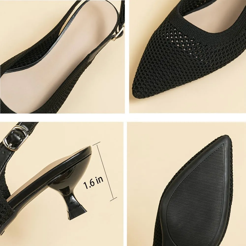 Slingback for Women's Closed Pointed Toe Kitten Heels with Ankle Strap Knitted Dress Pumps Shoes Work Wedding Everyday Parties 1.6 in Low Heels