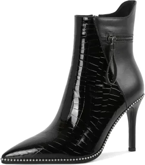 Soireelady Women Ankle Boots High Heel Boots Pointed Toe Stilettos Booties Beaded Short Boots Side Zipper 4 Inch