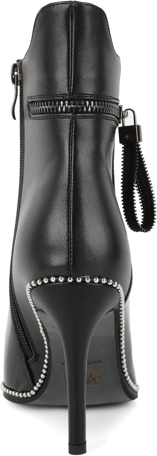 Soireelady Women Ankle Boots High Heel Boots Pointed Toe Stilettos Booties Beaded Short Boots Side Zipper 4 Inch