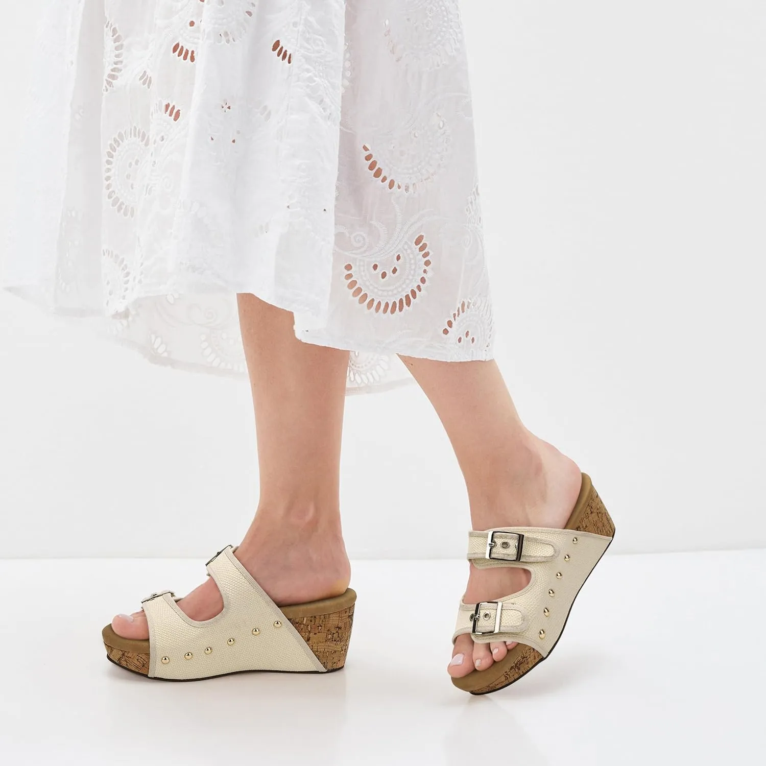SPR&JOY Womens Buckle Wedge Sandals Open Toe Slip on Slide Platform Shoes