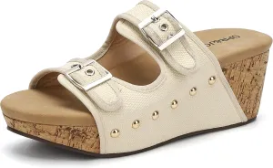 SPR&JOY Womens Buckle Wedge Sandals Open Toe Slip on Slide Platform Shoes
