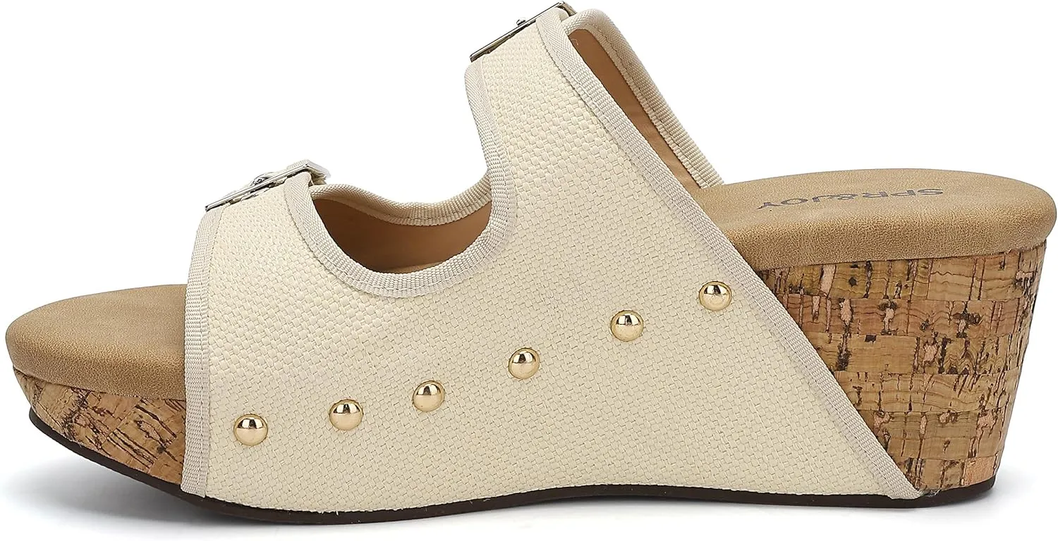 SPR&JOY Womens Buckle Wedge Sandals Open Toe Slip on Slide Platform Shoes