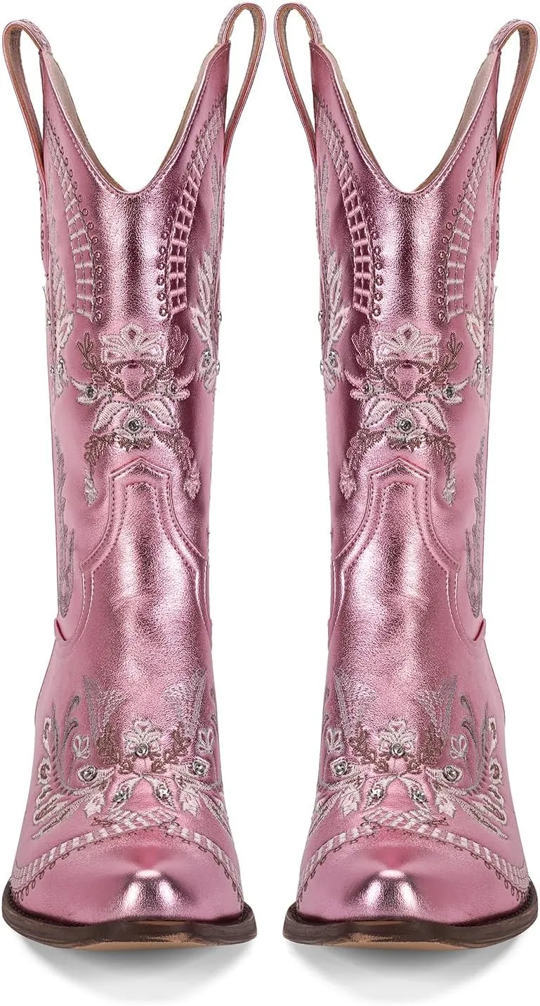 STALOV Short Cowgirl Boots for Women Embroidered Cowboy Ankle Boots,Pointed Toe Low Chunky Heel Pull On Western Stitched Boots