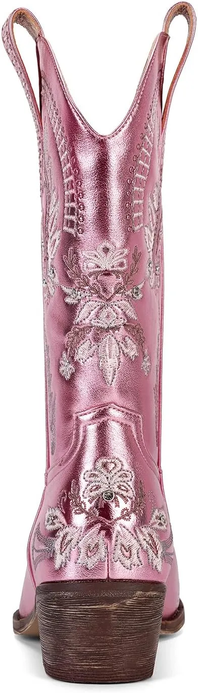 STALOV Short Cowgirl Boots for Women Embroidered Cowboy Ankle Boots,Pointed Toe Low Chunky Heel Pull On Western Stitched Boots