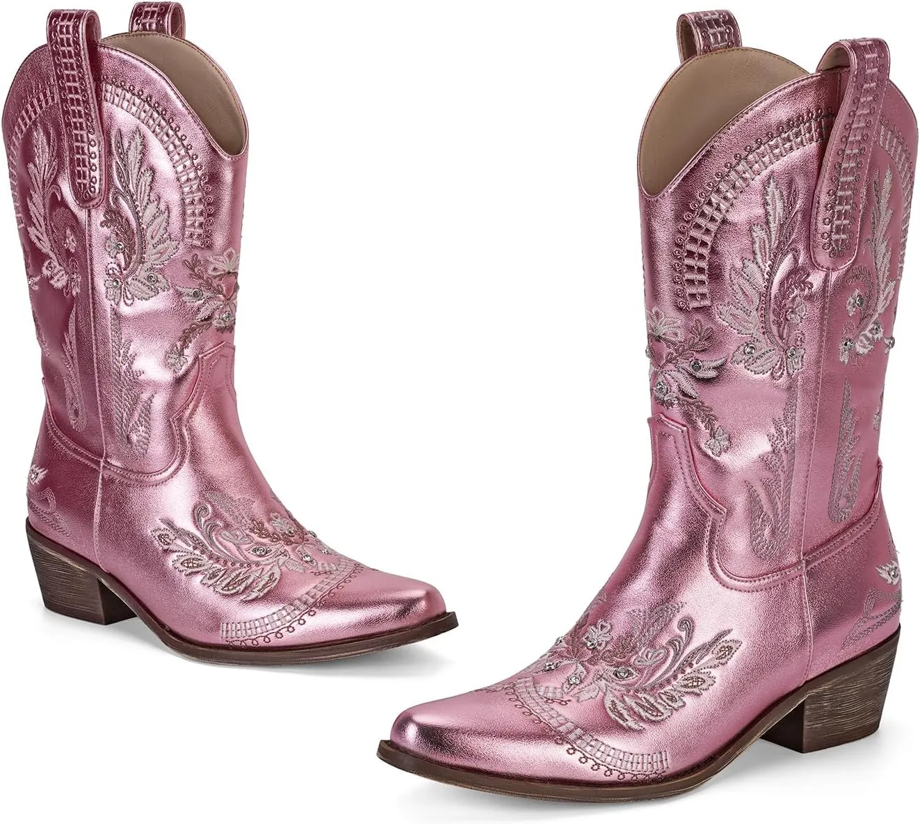 STALOV Short Cowgirl Boots for Women Embroidered Cowboy Ankle Boots,Pointed Toe Low Chunky Heel Pull On Western Stitched Boots