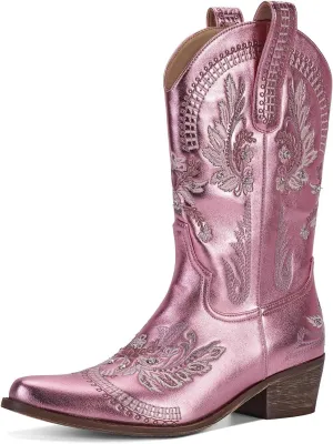 STALOV Short Cowgirl Boots for Women Embroidered Cowboy Ankle Boots,Pointed Toe Low Chunky Heel Pull On Western Stitched Boots